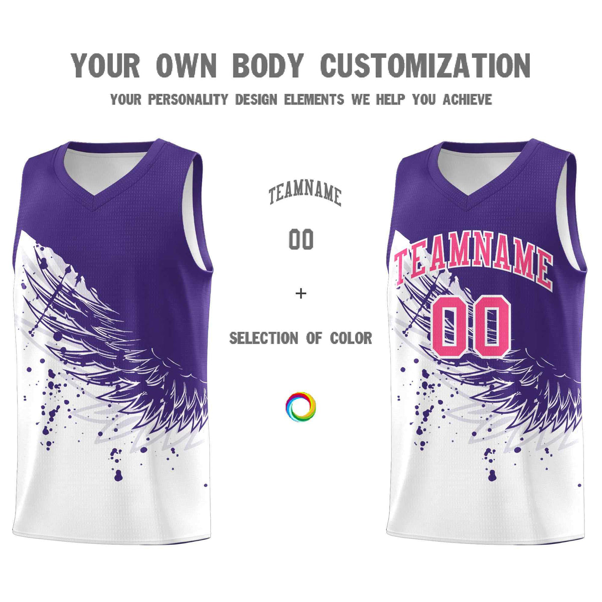 Custom White Purple Wing Pattern Sports Uniform Basketball Jersey