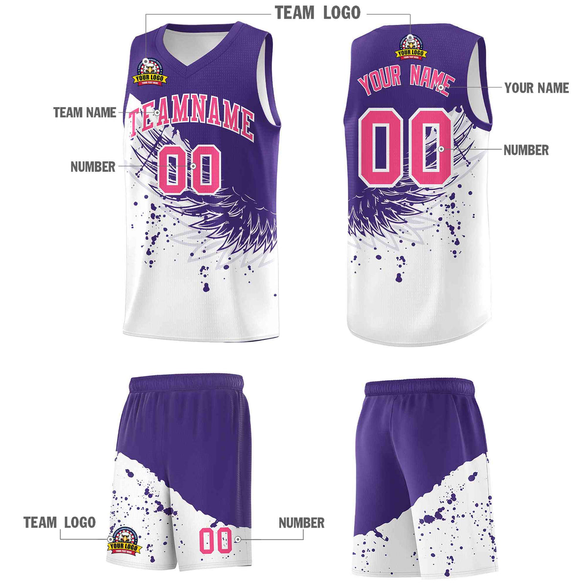 Custom White Purple Wing Pattern Sports Uniform Basketball Jersey