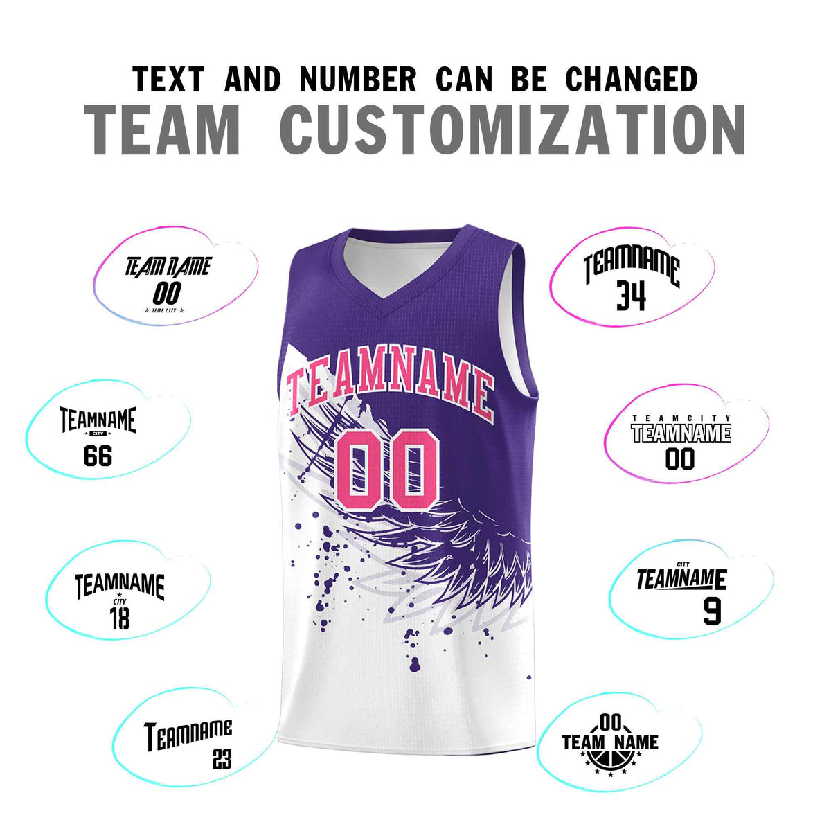 Custom White Purple Wing Pattern Sports Uniform Basketball Jersey
