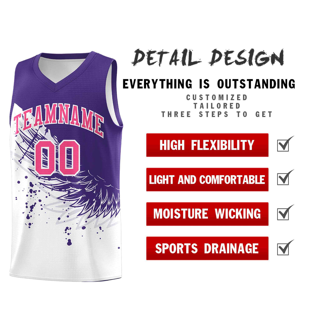 Custom White Purple Wing Pattern Sports Uniform Basketball Jersey