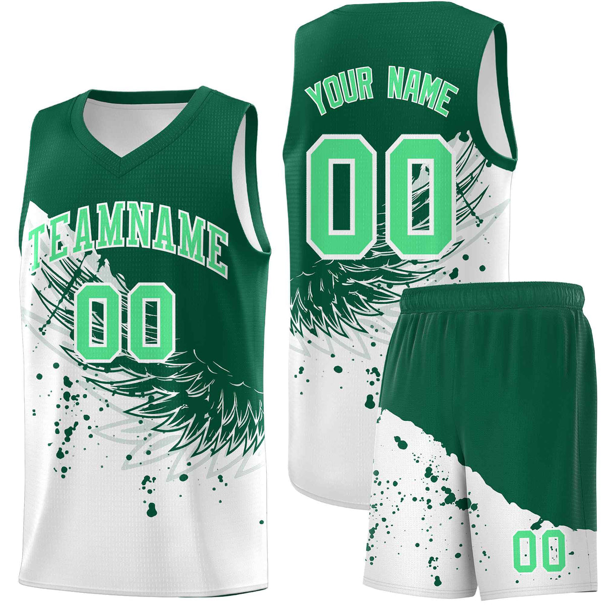 Custom White Kelly Green Wing Pattern Sports Uniform Basketball Jersey