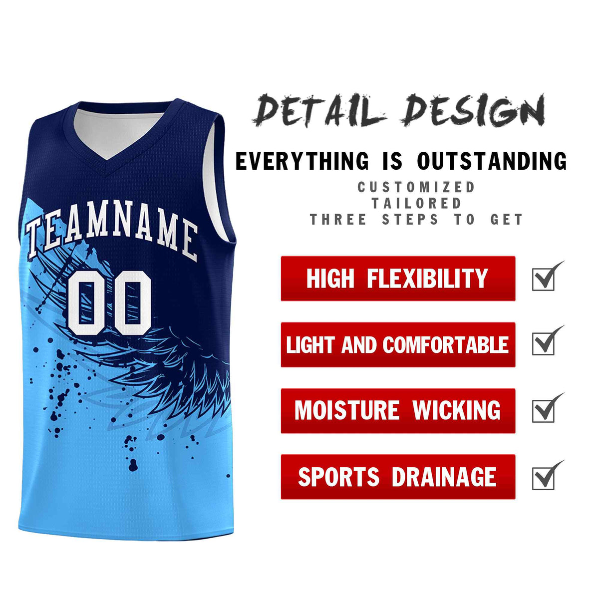 Custom Powder Blue Navy Wing Pattern Sports Uniform Basketball Jersey