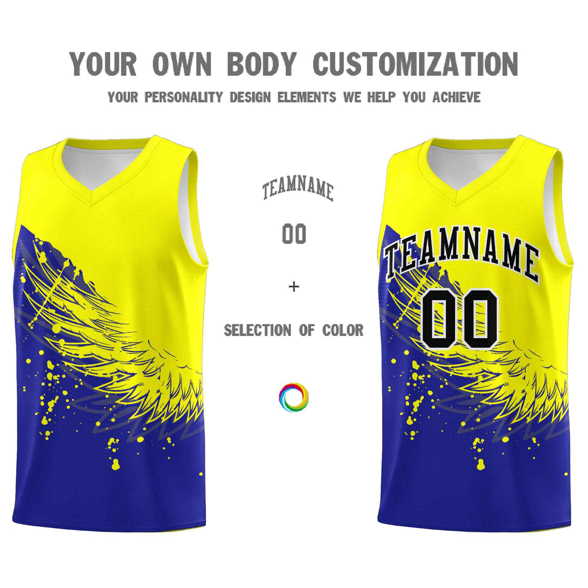 Custom Royal Fluorescent Yellow Wing Pattern Sports Uniform Basketball Jersey