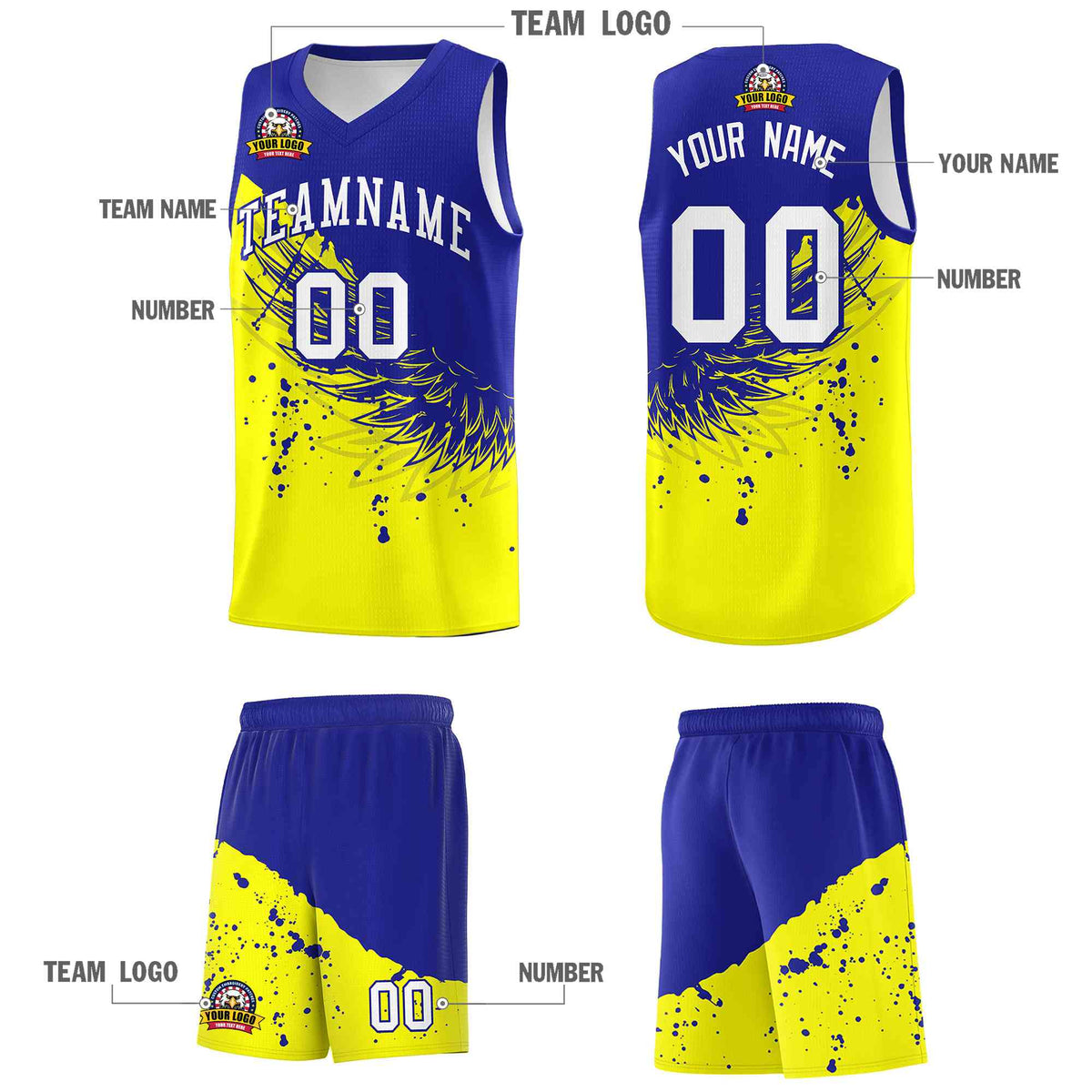 Custom Fluorescent Yellow Royal Wing Pattern Sports Uniform Basketball Jersey