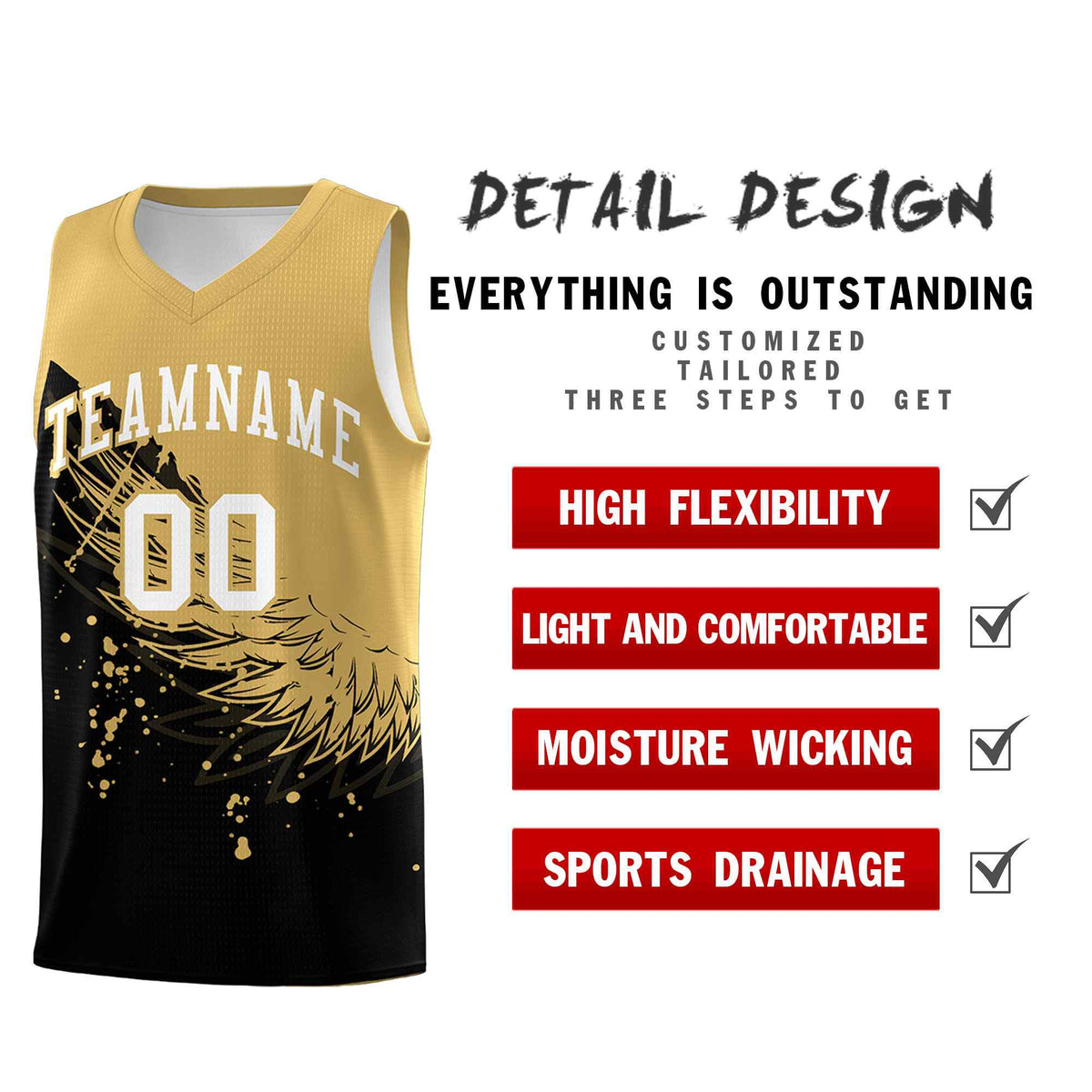 Custom Black Old Gold Wing Pattern Sports Uniform Basketball Jersey