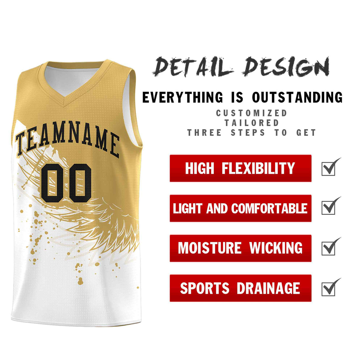 Custom White Old Gold Wing Pattern Sports Uniform Basketball Jersey