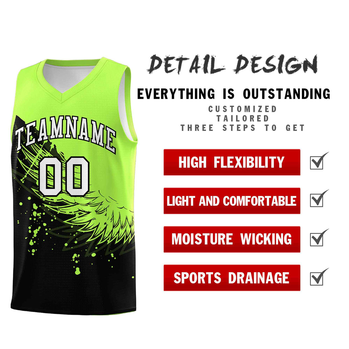 Custom Black Fluorescent Green Wing Pattern Sports Uniform Basketball Jersey
