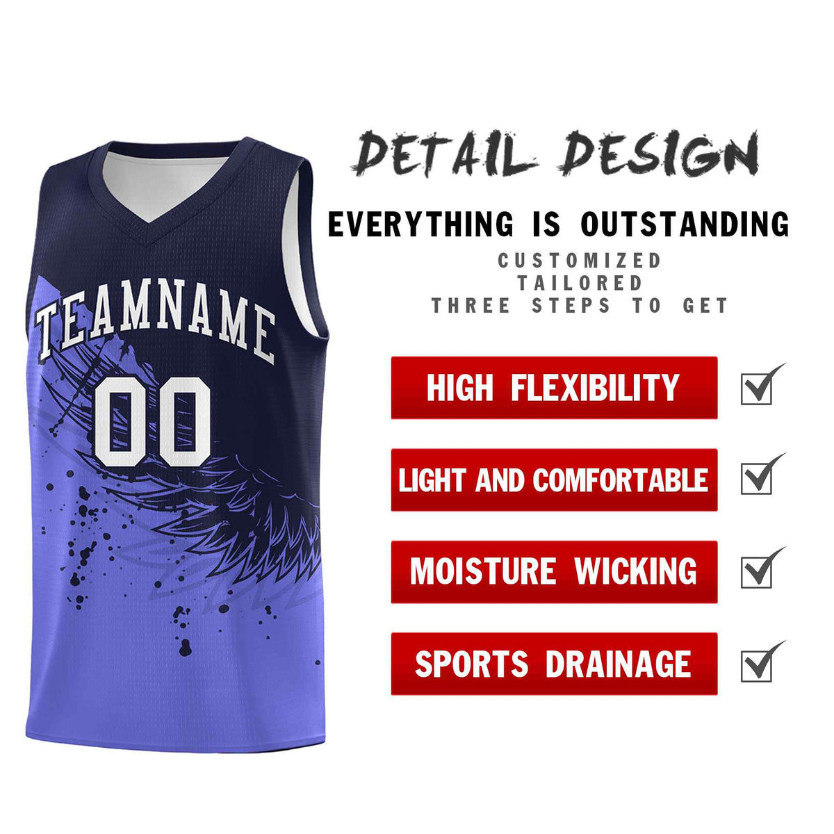 Custom Purple Navy Wing Pattern Sports Uniform Basketball Jersey