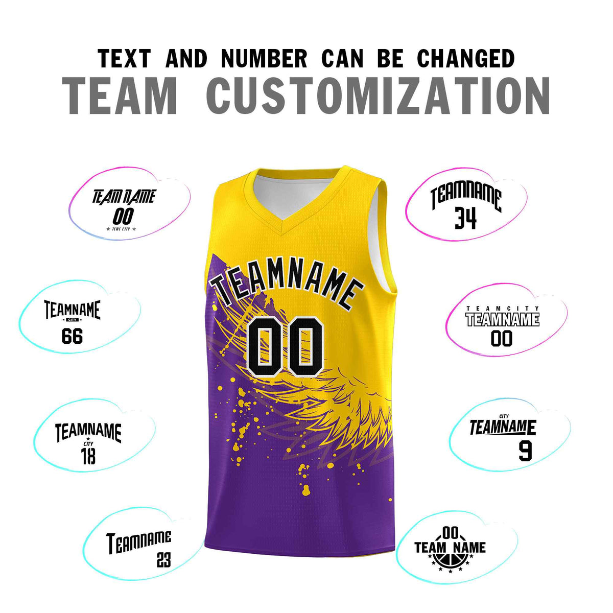Custom Purple Gold Wing Pattern Sports Uniform Basketball Jersey