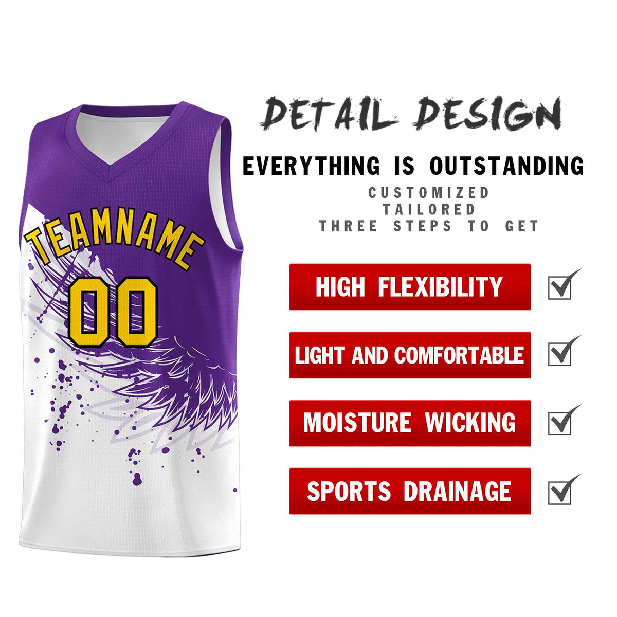 Custom White Purple Wing Pattern Sports Uniform Basketball Jersey