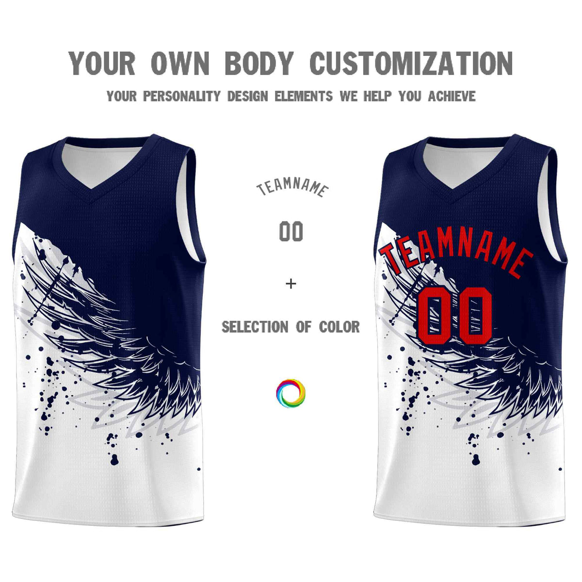Custom White Navy Wing Pattern Sports Uniform Basketball Jersey