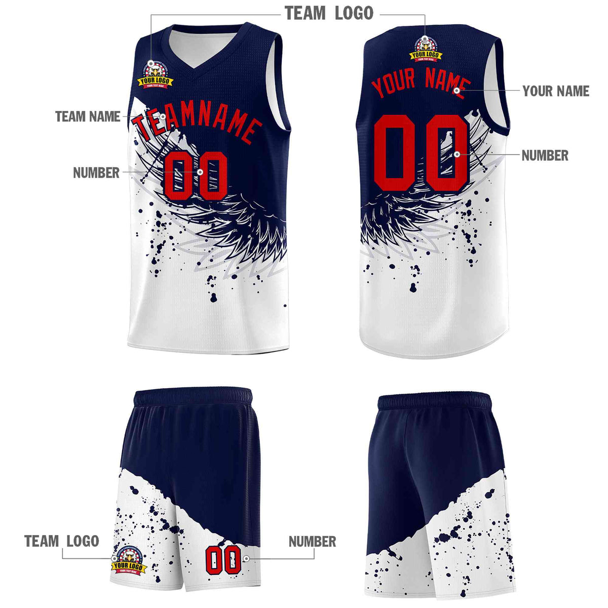 Custom White Navy Wing Pattern Sports Uniform Basketball Jersey