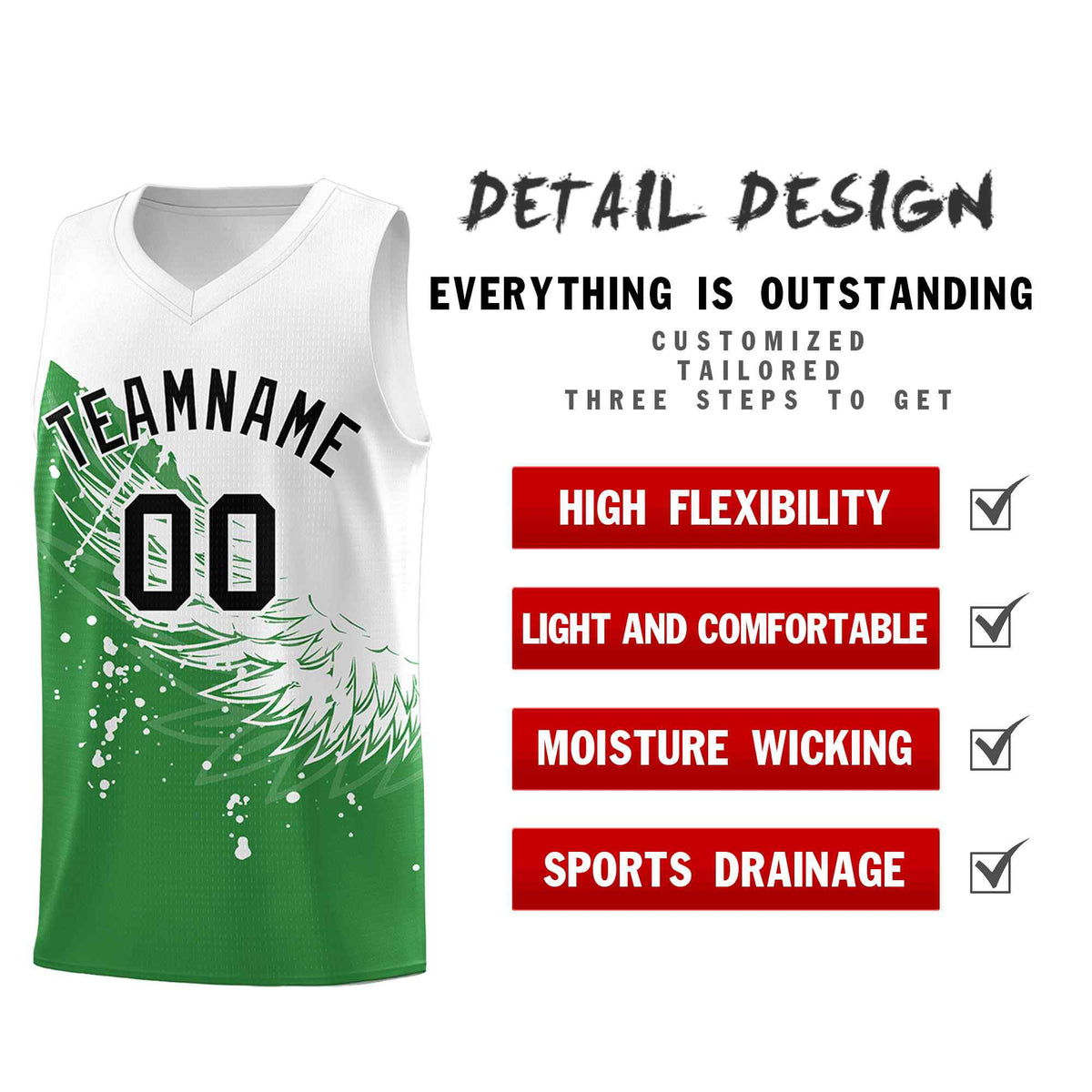 Custom Kelly Green White Wing Pattern Sports Uniform Basketball Jersey