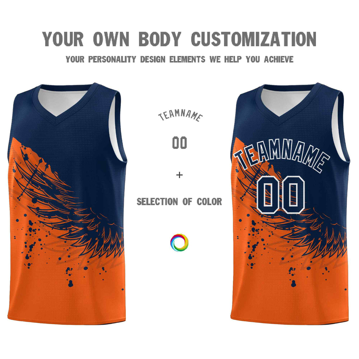 Custom Orange Navy Wing Pattern Sports Uniform Basketball Jersey