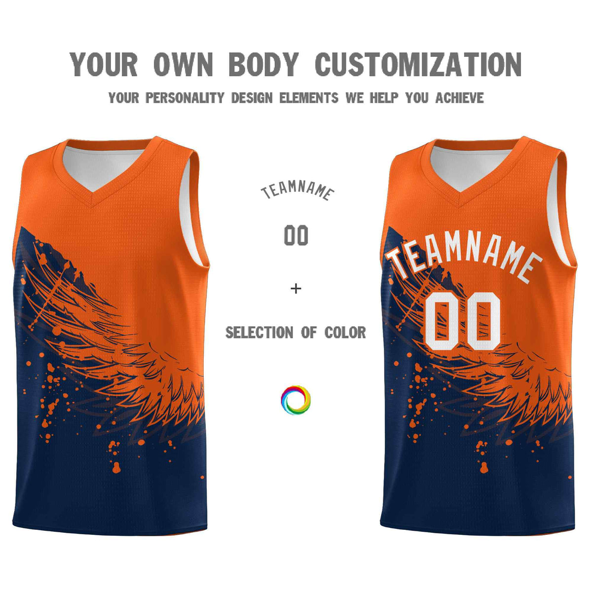 Custom Navy Orange Wing Pattern Sports Uniform Basketball Jersey