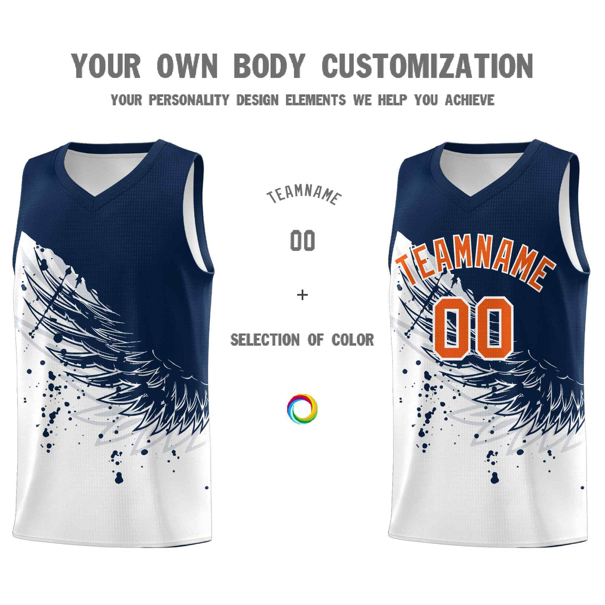 Custom White Navy Wing Pattern Sports Uniform Basketball Jersey