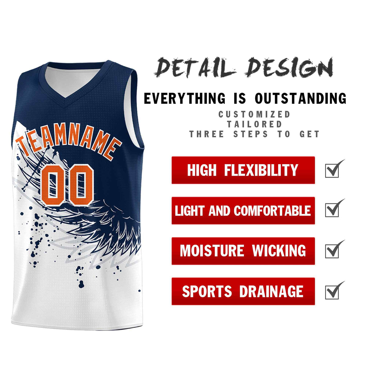 Custom White Navy Wing Pattern Sports Uniform Basketball Jersey