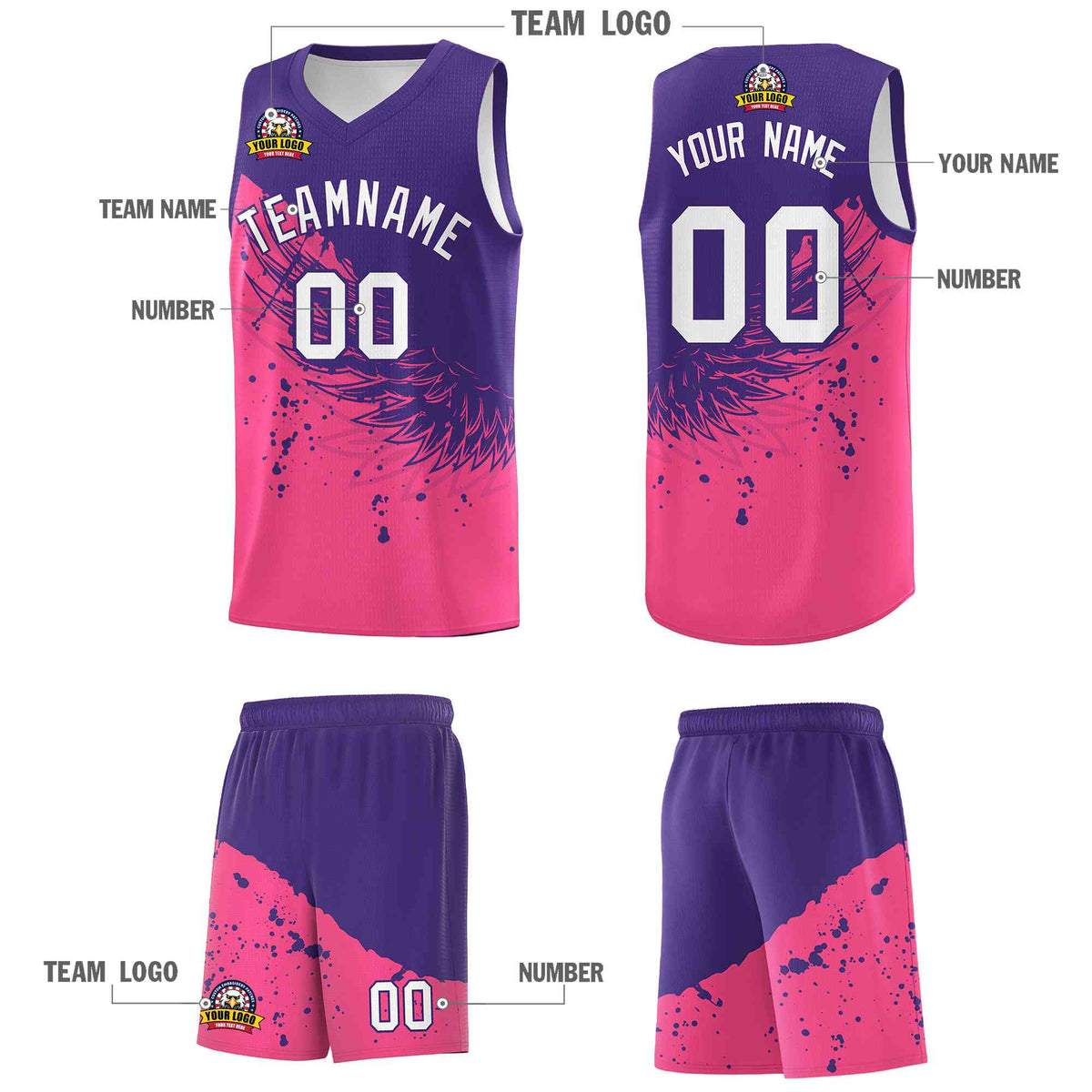 Custom Pink Purple Wing Pattern Sports Uniform Basketball Jersey