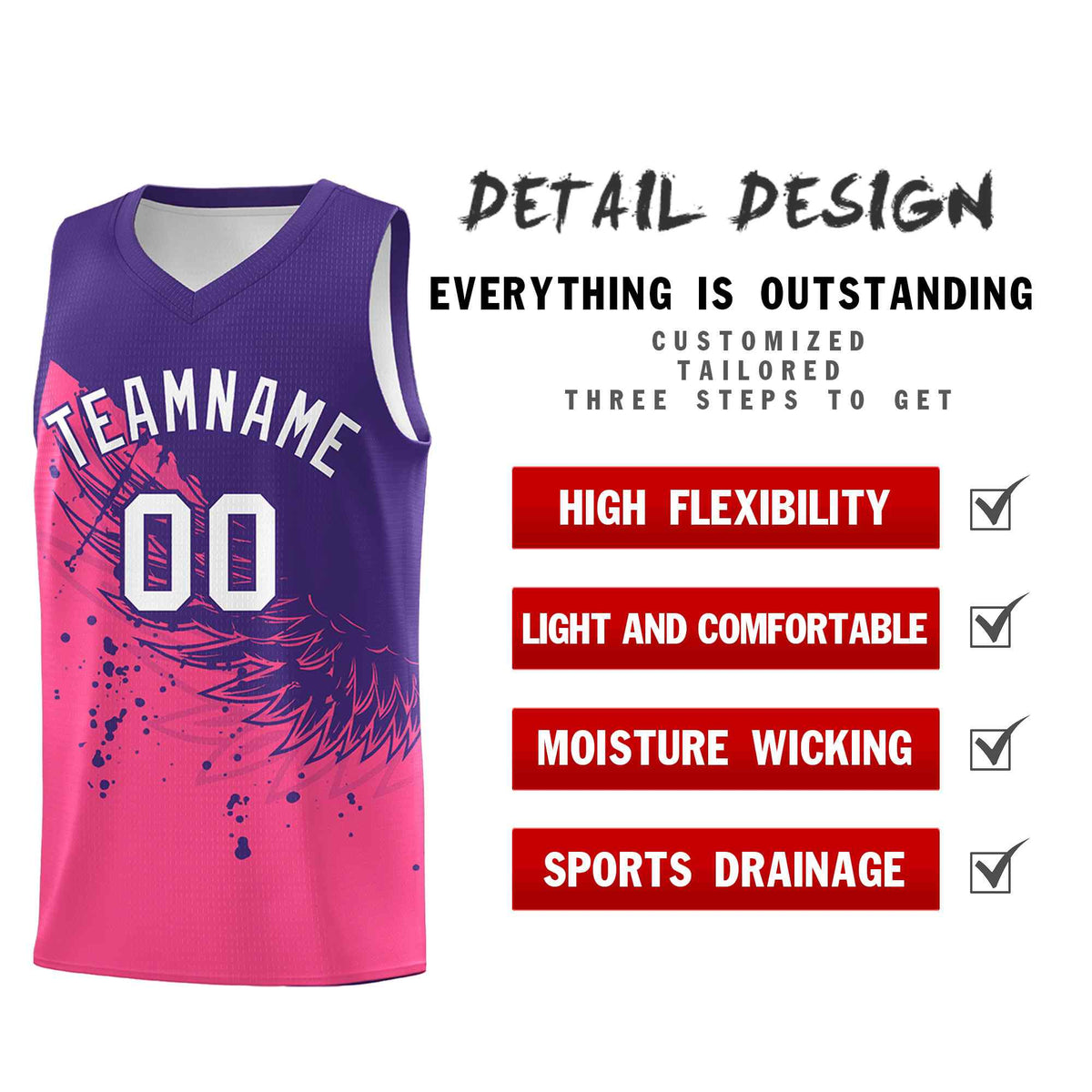 Custom Pink Purple Wing Pattern Sports Uniform Basketball Jersey