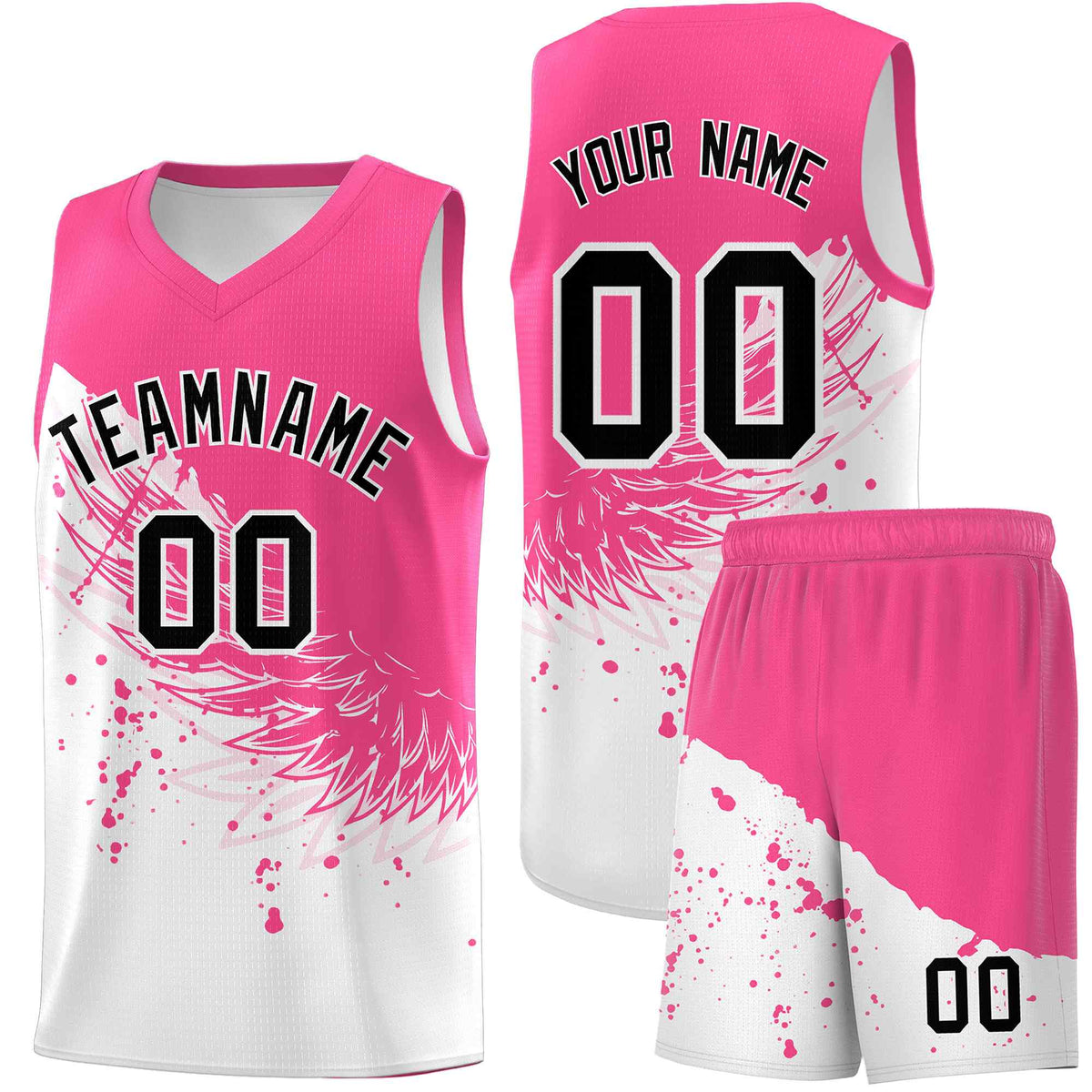 Custom White Pink Wing Pattern Sports Uniform Basketball Jersey