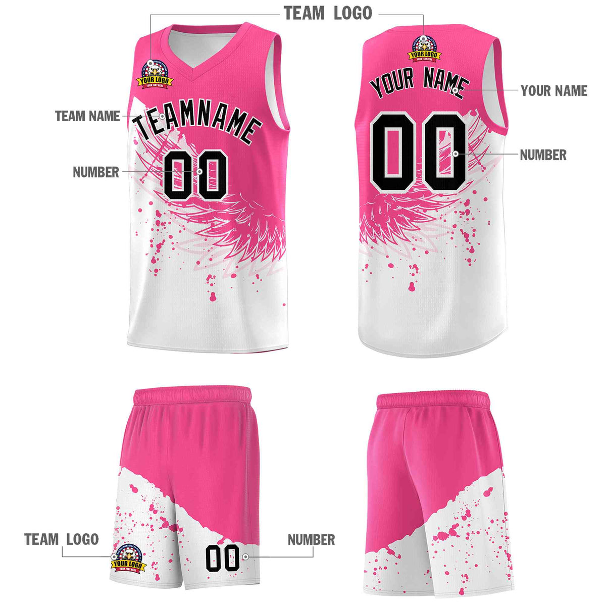 Custom White Pink Wing Pattern Sports Uniform Basketball Jersey