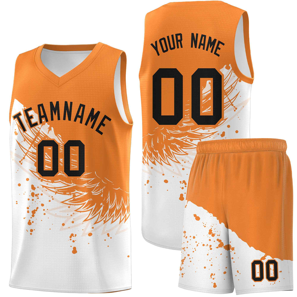 Custom White Gold Orange Wing Pattern Sports Uniform Basketball Jersey