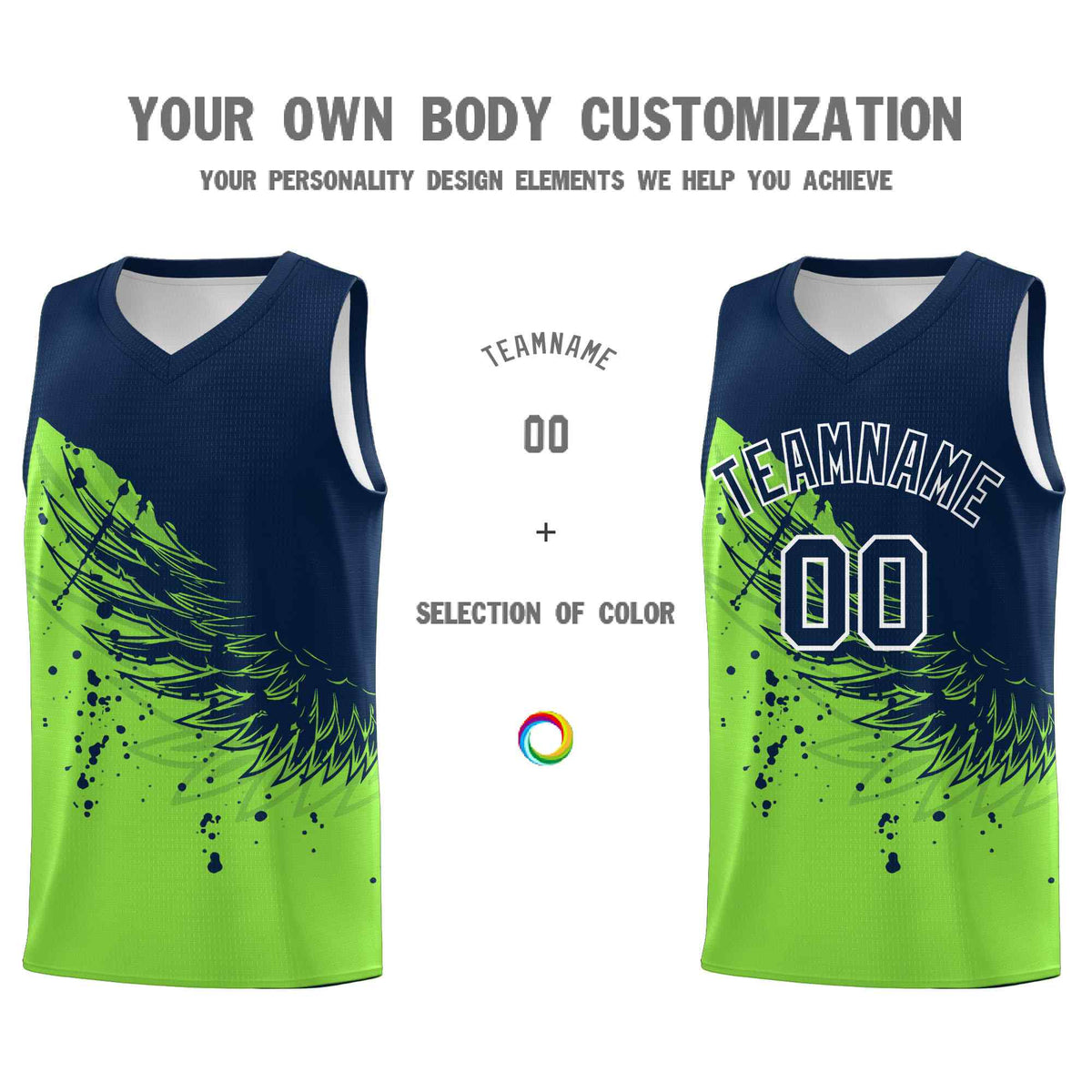 Custom Fluorescent Green Navy Wing Pattern Sports Uniform Basketball Jersey