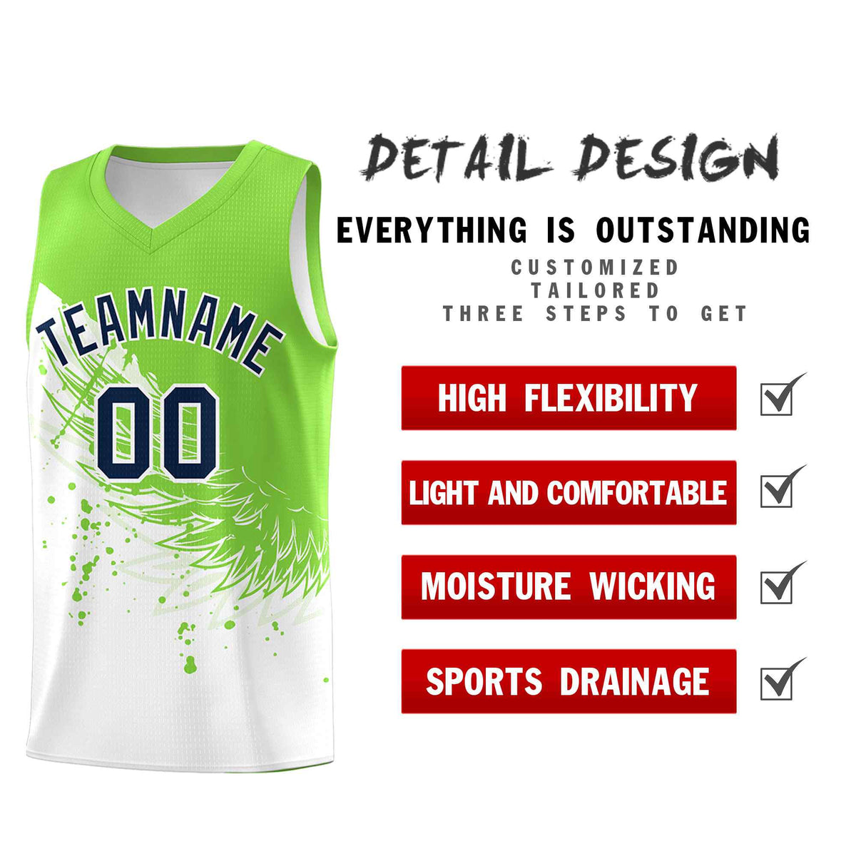Custom White Fluorescent Green Wing Pattern Sports Uniform Basketball Jersey