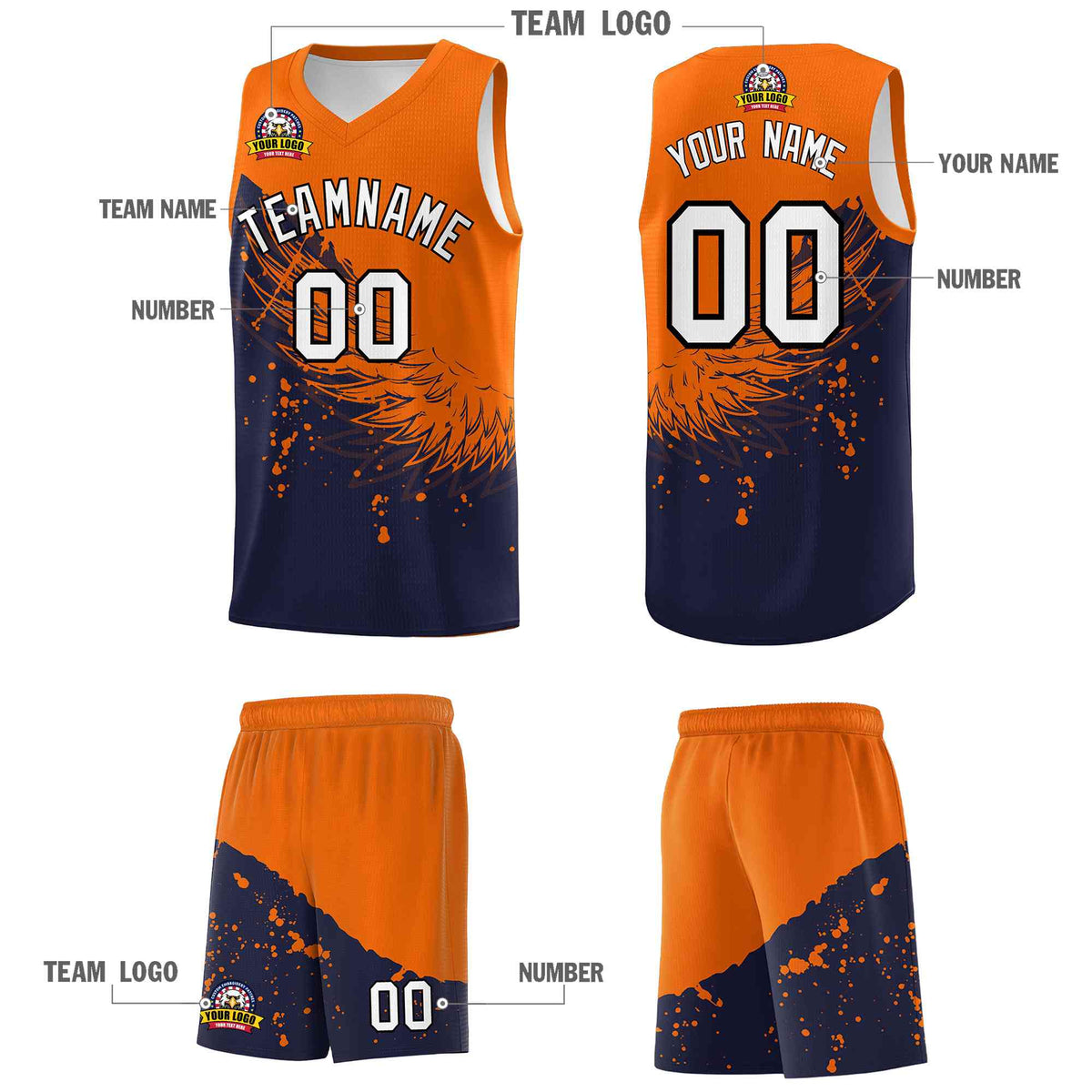 Custom Navy Orange Wing Pattern Sports Uniform Basketball Jersey