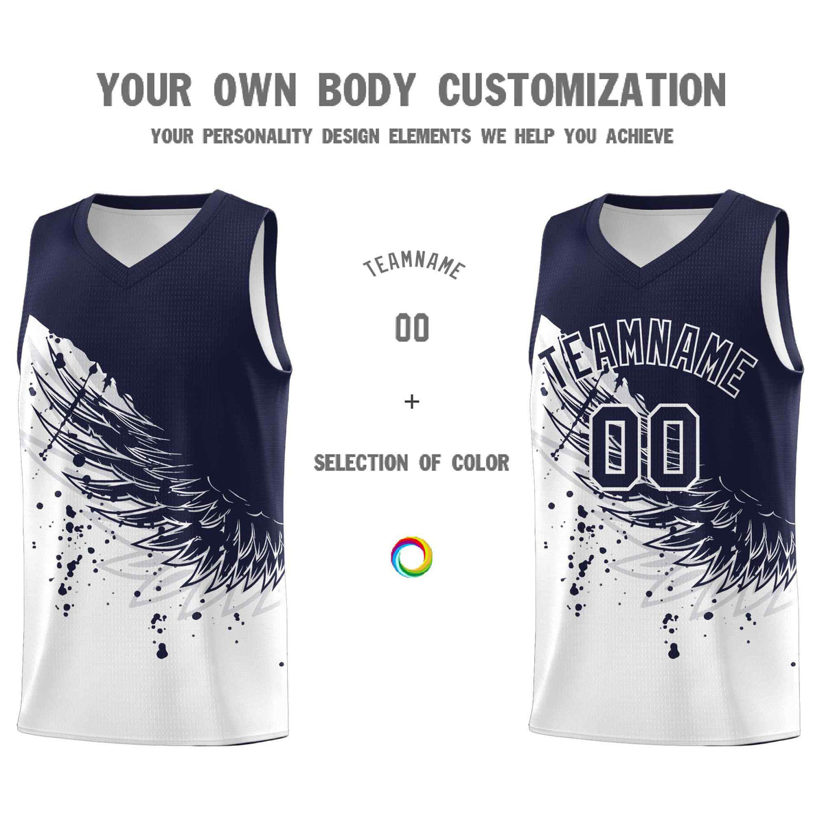 Custom White Navy Wing Pattern Sports Uniform Basketball Jersey