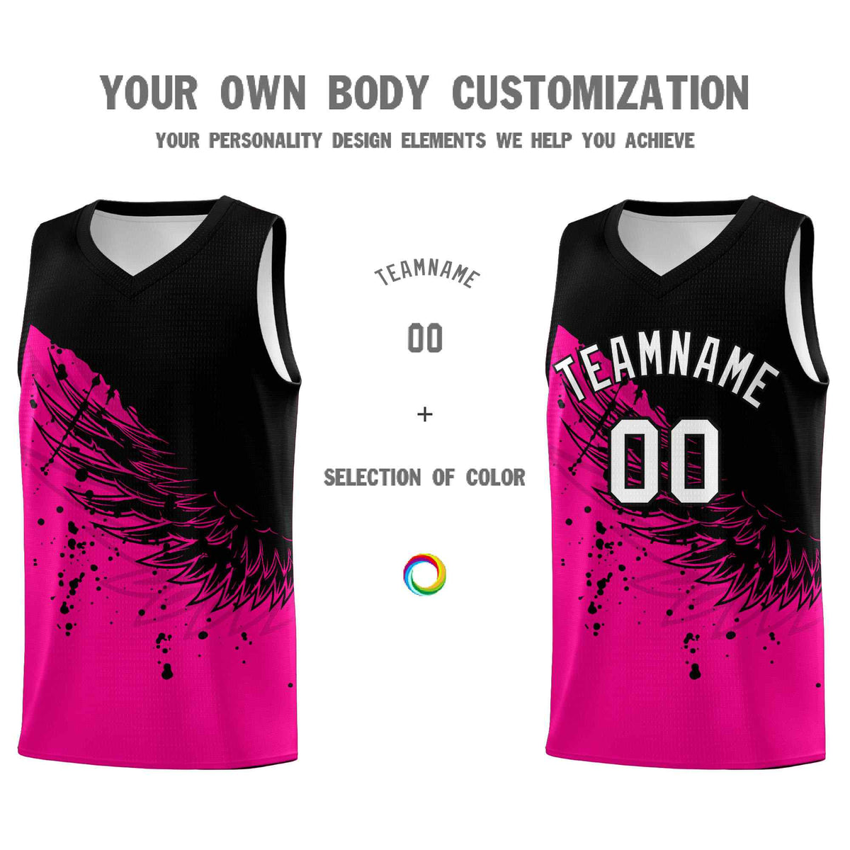 Custom Pink Black Wing Pattern Sports Uniform Basketball Jersey