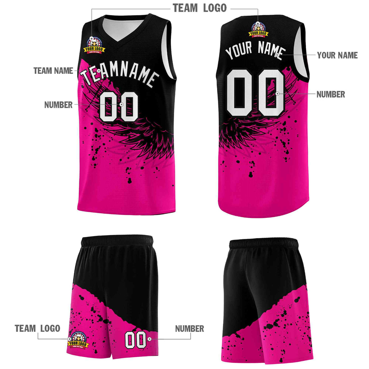 Custom Pink Black Wing Pattern Sports Uniform Basketball Jersey