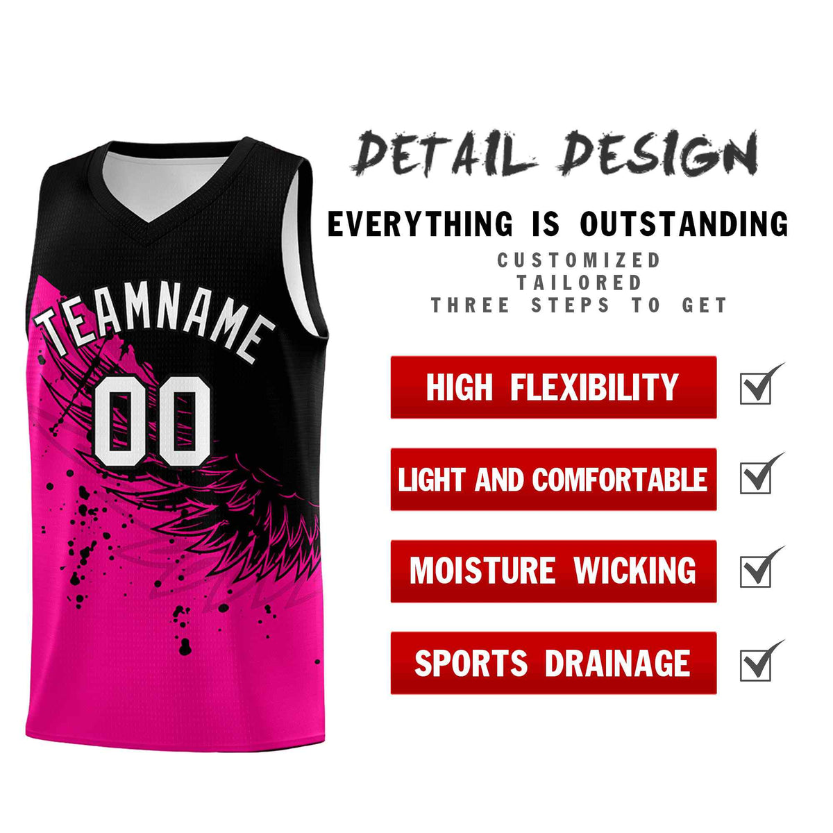 Custom Pink Black Wing Pattern Sports Uniform Basketball Jersey