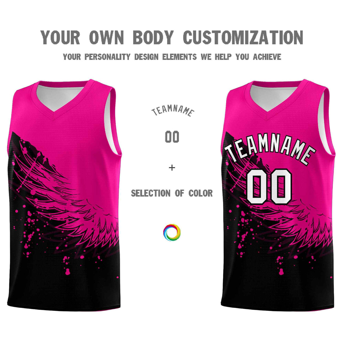 Custom Black Pink Wing Pattern Sports Uniform Basketball Jersey