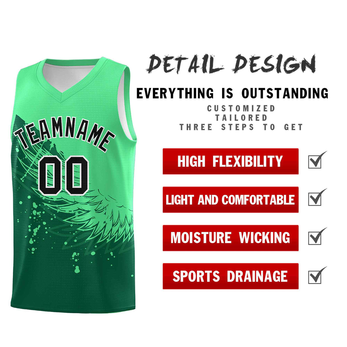 Custom Kelly Green Green Wing Pattern Sports Uniform Basketball Jersey