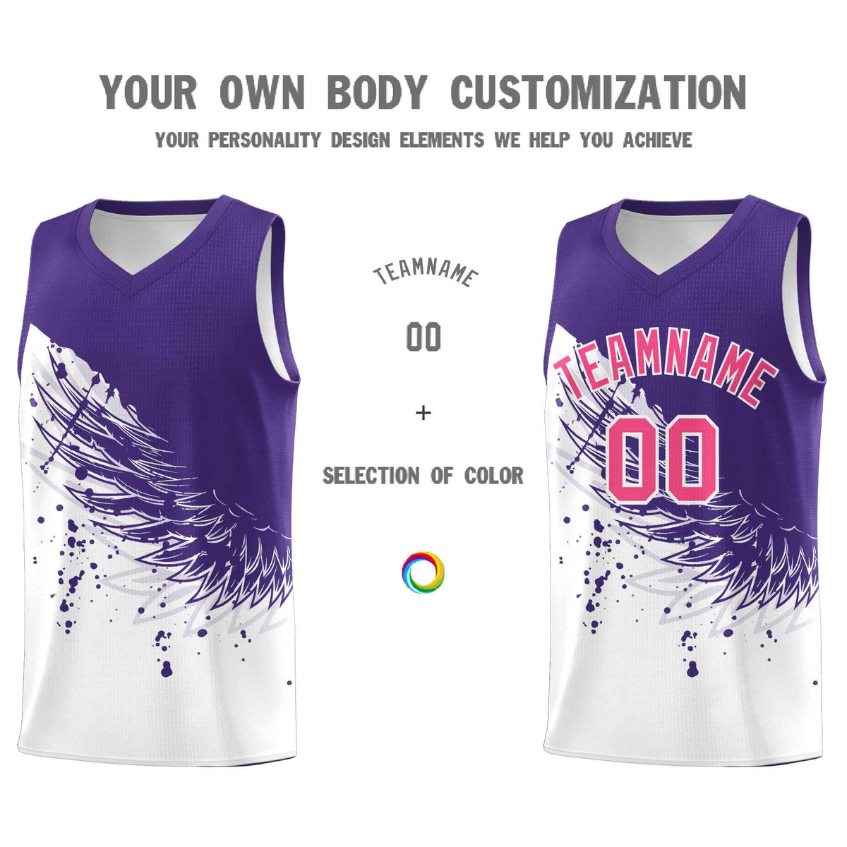 Custom White Purple Wing Pattern Sports Uniform Basketball Jersey
