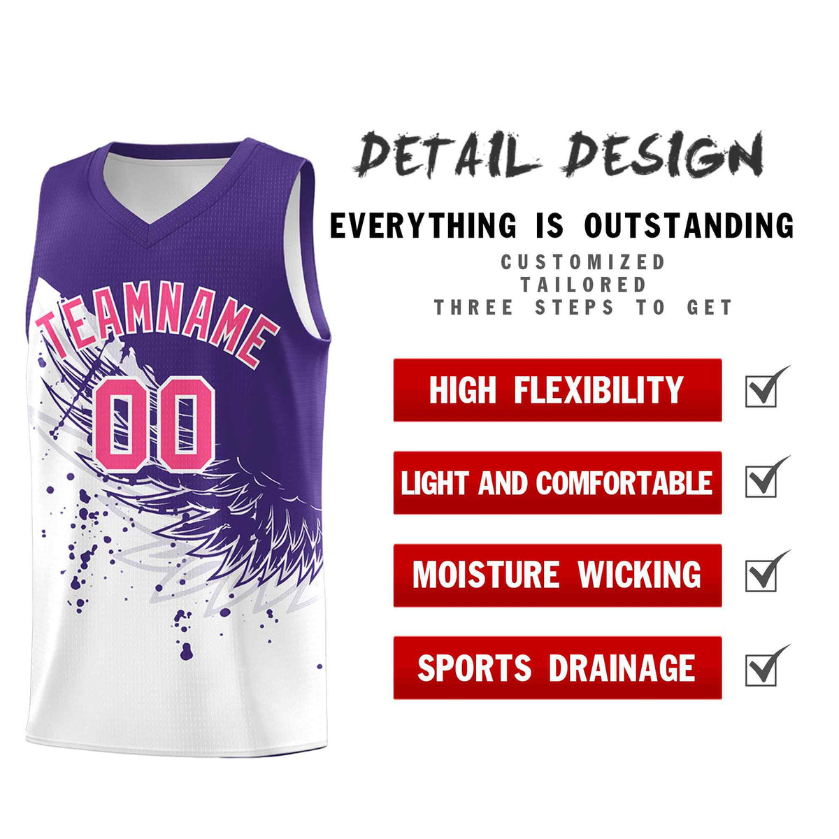 Custom White Purple Wing Pattern Sports Uniform Basketball Jersey