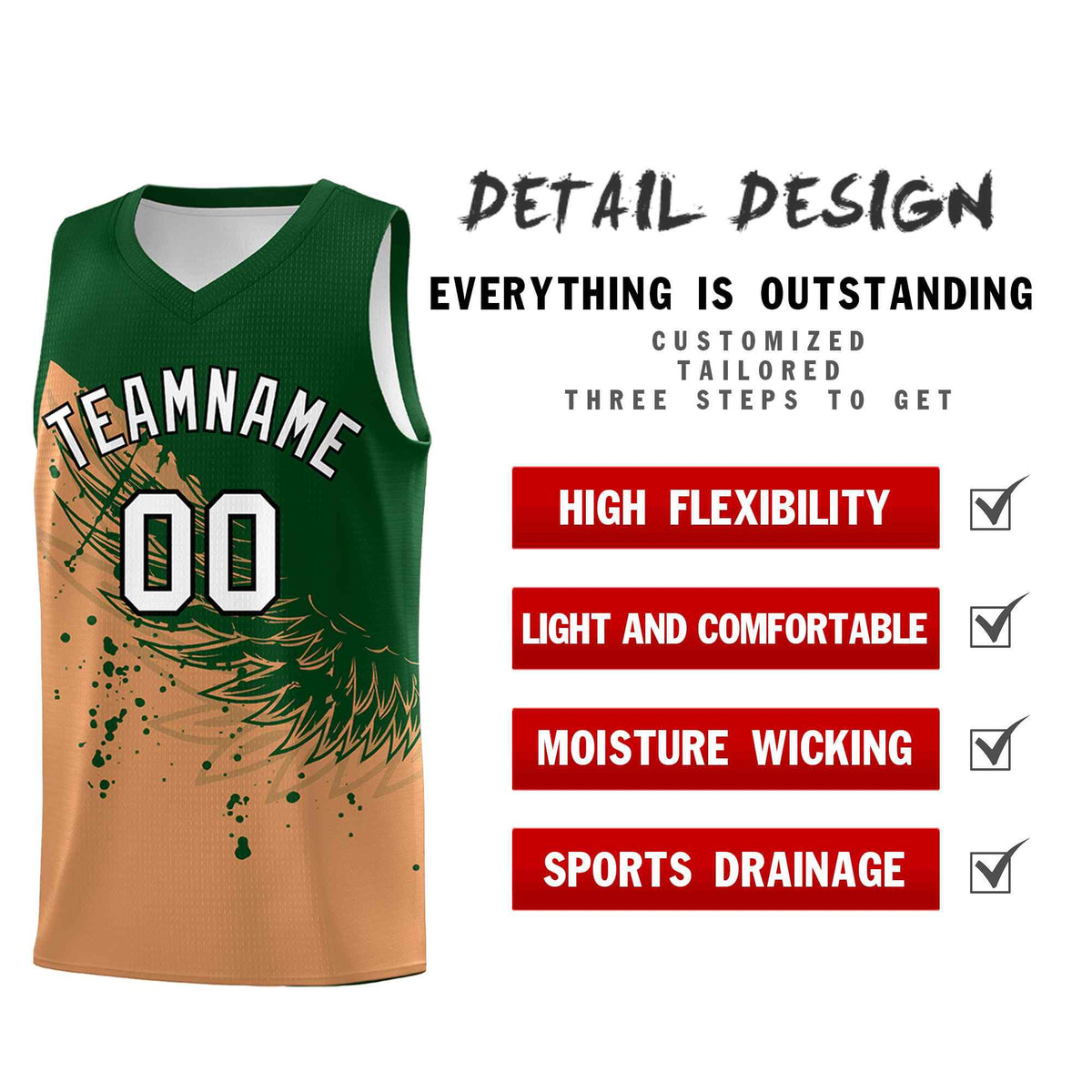 Custom Buckskin Brown Green Wing Pattern Sports Uniform Basketball Jersey