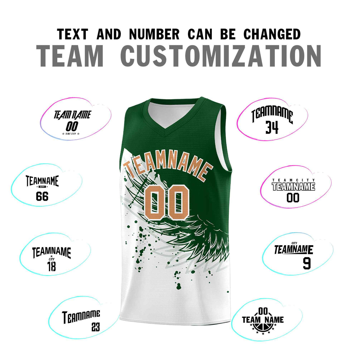 Custom White Green Wing Pattern Sports Uniform Basketball Jersey