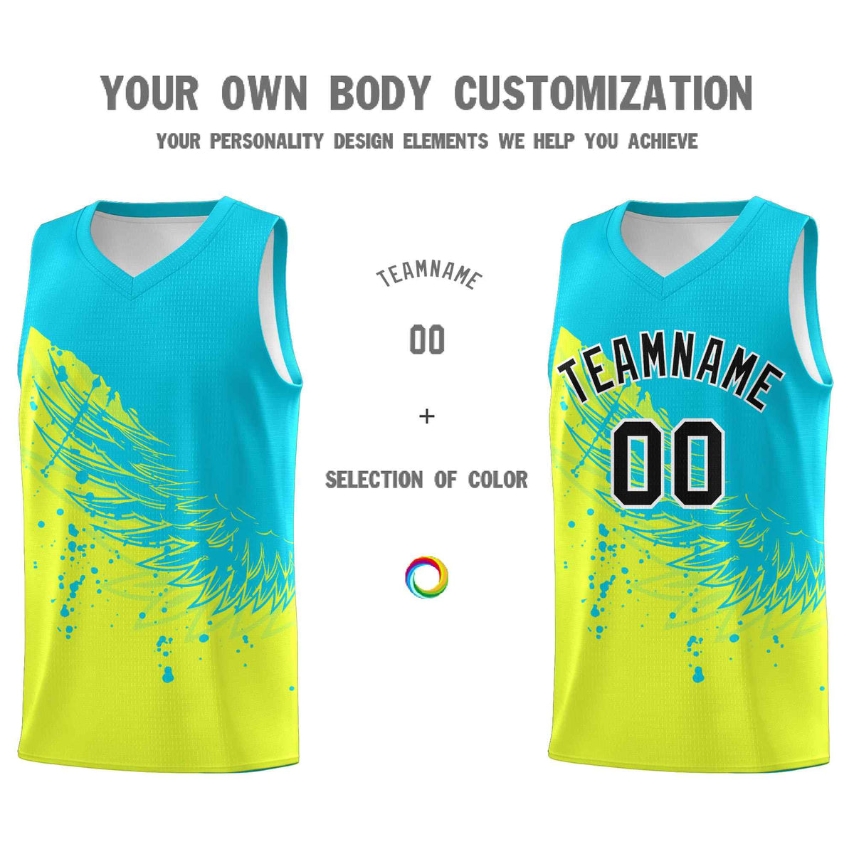 Custom Fluorescent Green Sky Blue Wing Pattern Sports Uniform Basketball Jersey