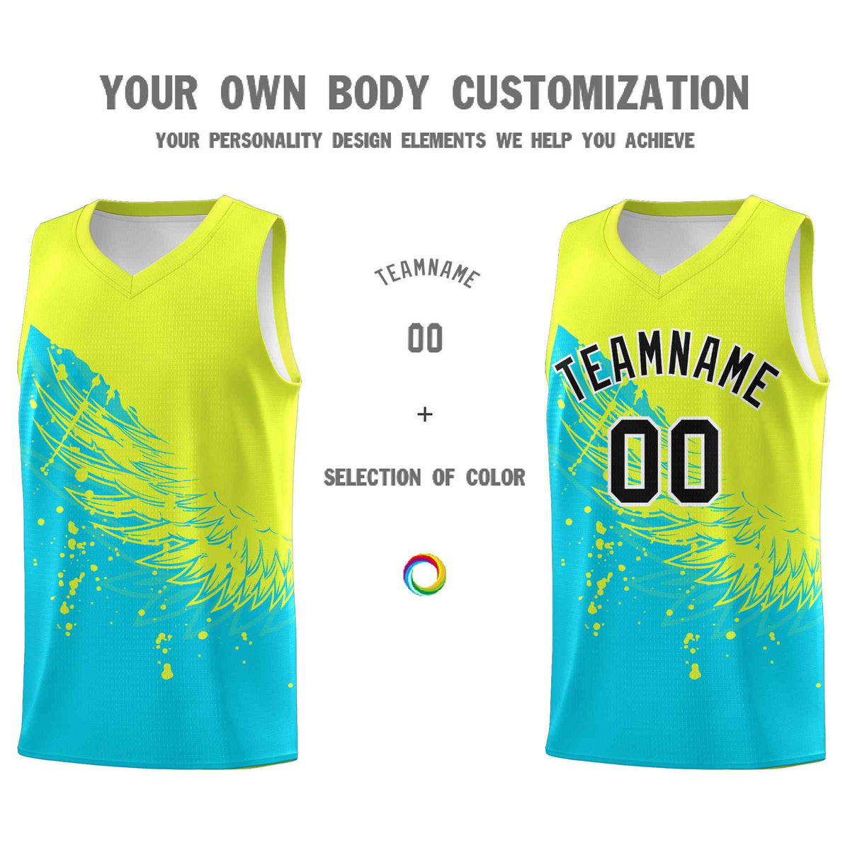 Custom Sky Blue Fluorescent Green Wing Pattern Sports Uniform Basketball Jersey