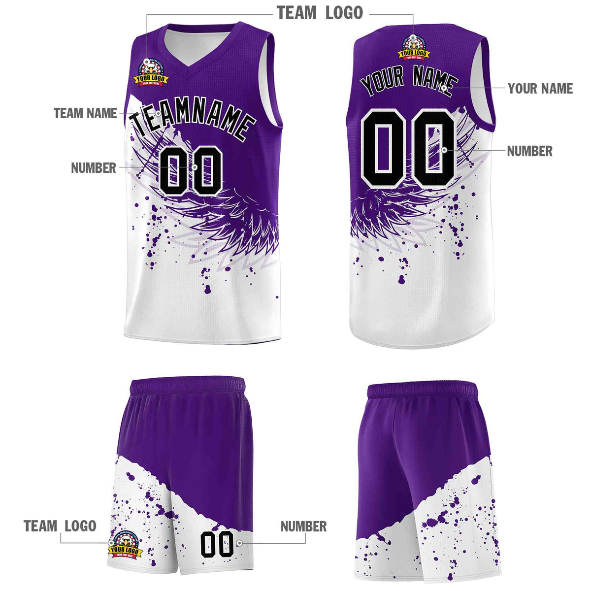Custom White Purple Wing Pattern Sports Uniform Basketball Jersey