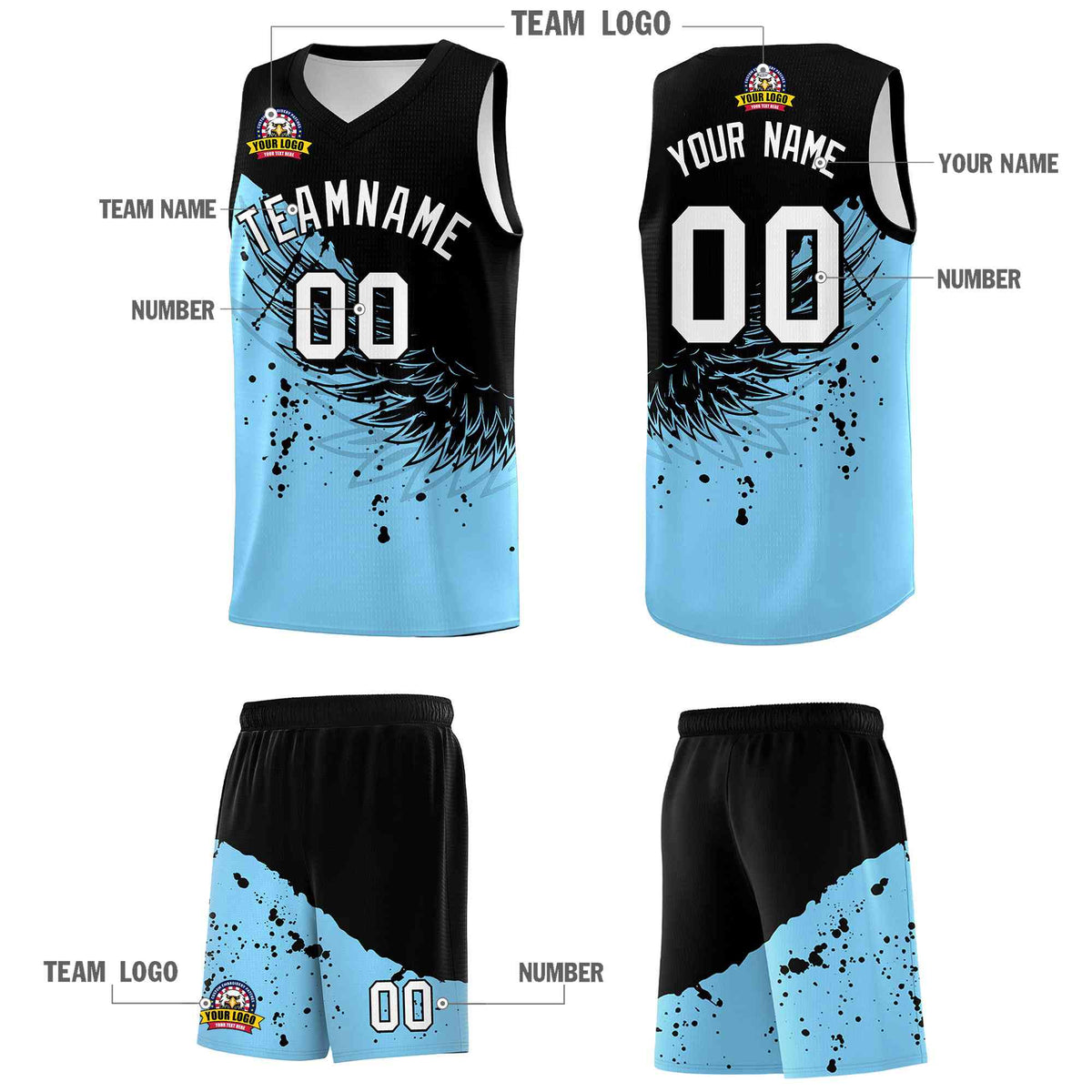 Custom Light Blue Black Wing Pattern Sports Uniform Basketball Jersey