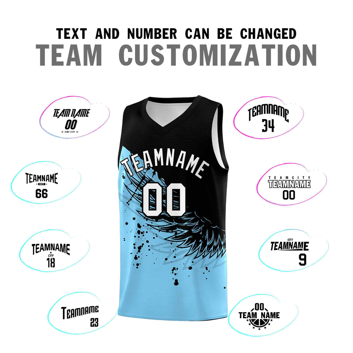 Custom Light Blue Black Wing Pattern Sports Uniform Basketball Jersey