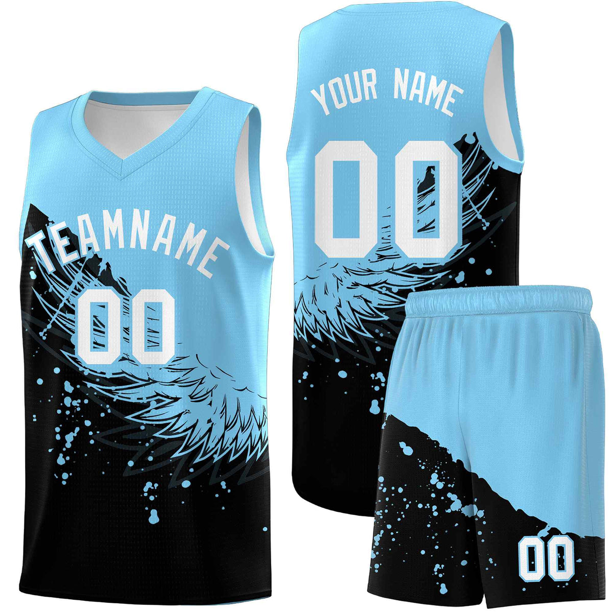 Custom Black Light Blue Wing Pattern Sports Uniform Basketball Jersey