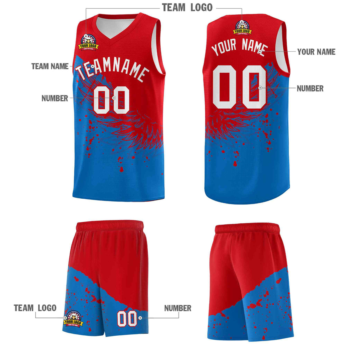 Custom Royal Red Wing Pattern Sports Uniform Basketball Jersey