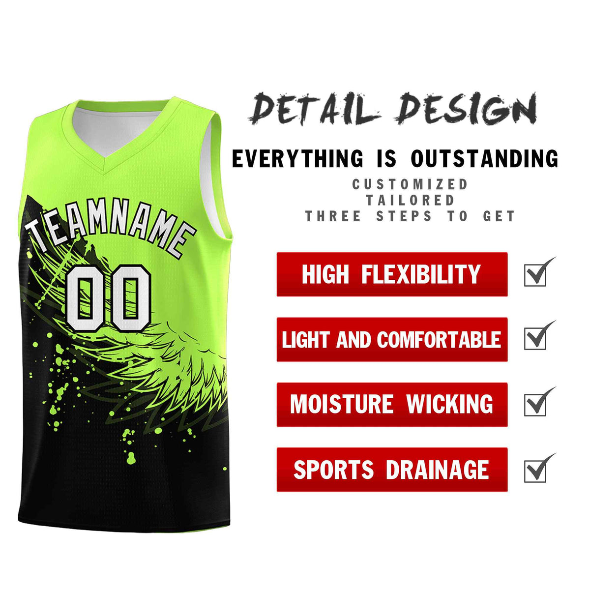 Custom Black Fluorescent Green Wing Pattern Sports Uniform Basketball Jersey