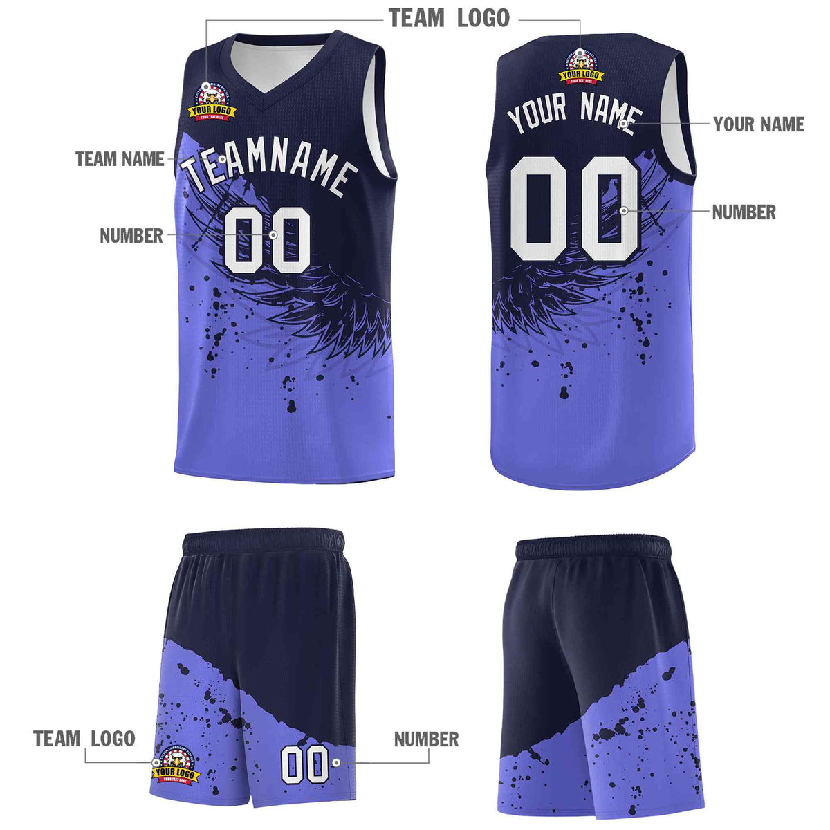Custom Purple Navy Wing Pattern Sports Uniform Basketball Jersey
