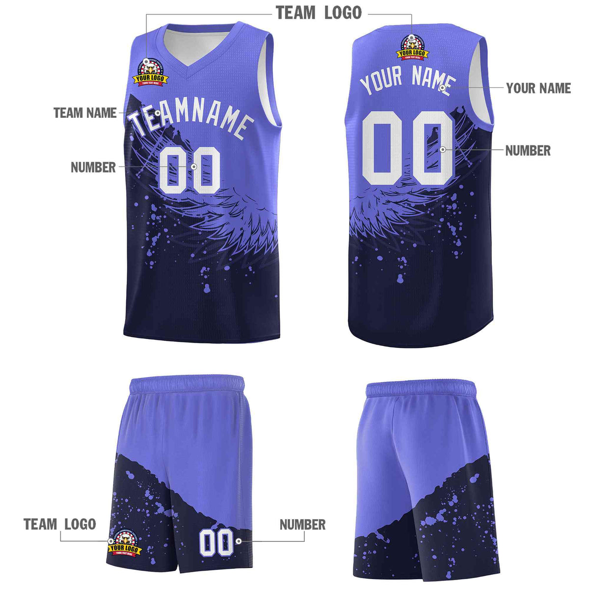 Custom Navy Purple Wing Pattern Sports Uniform Basketball Jersey