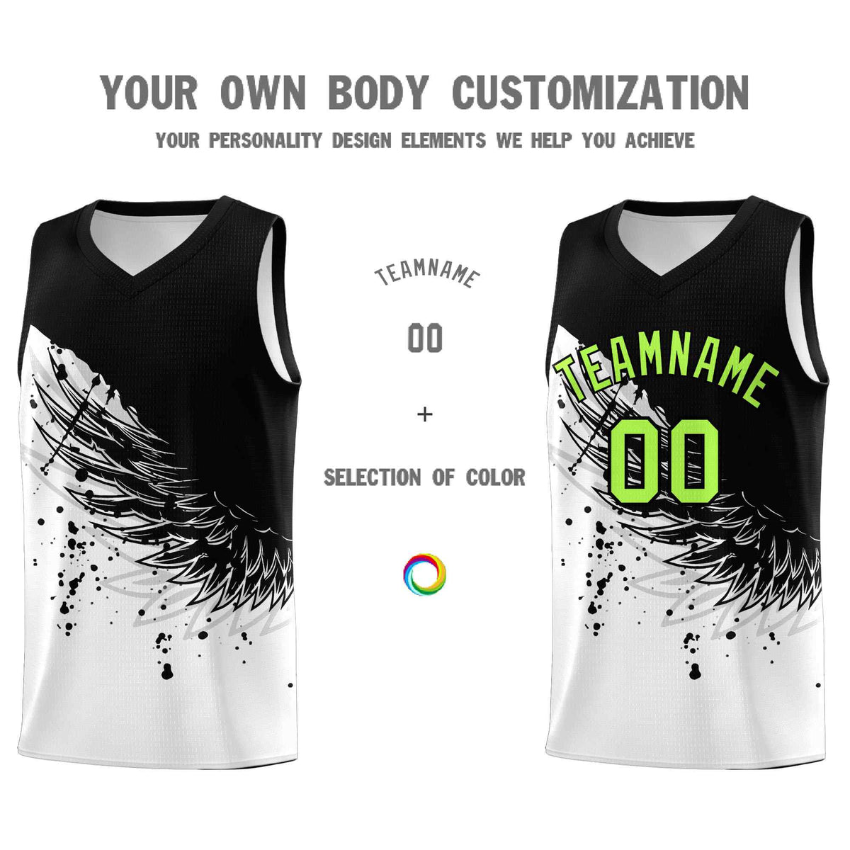 Custom White Black Wing Pattern Sports Uniform Basketball Jersey